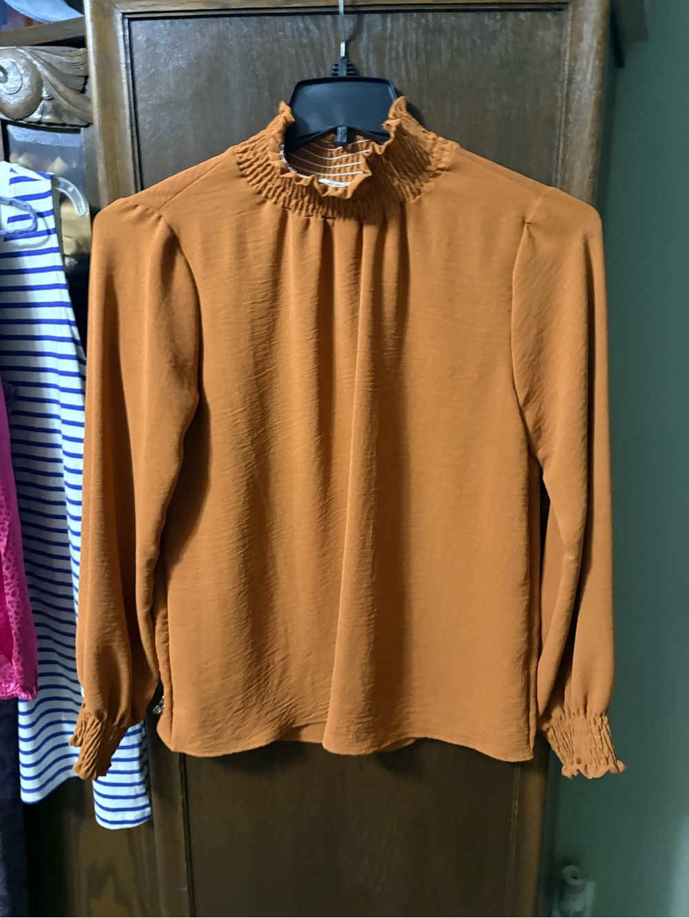 Smocked High-Neck Long Sleeve Blouse in Rust NWOT
